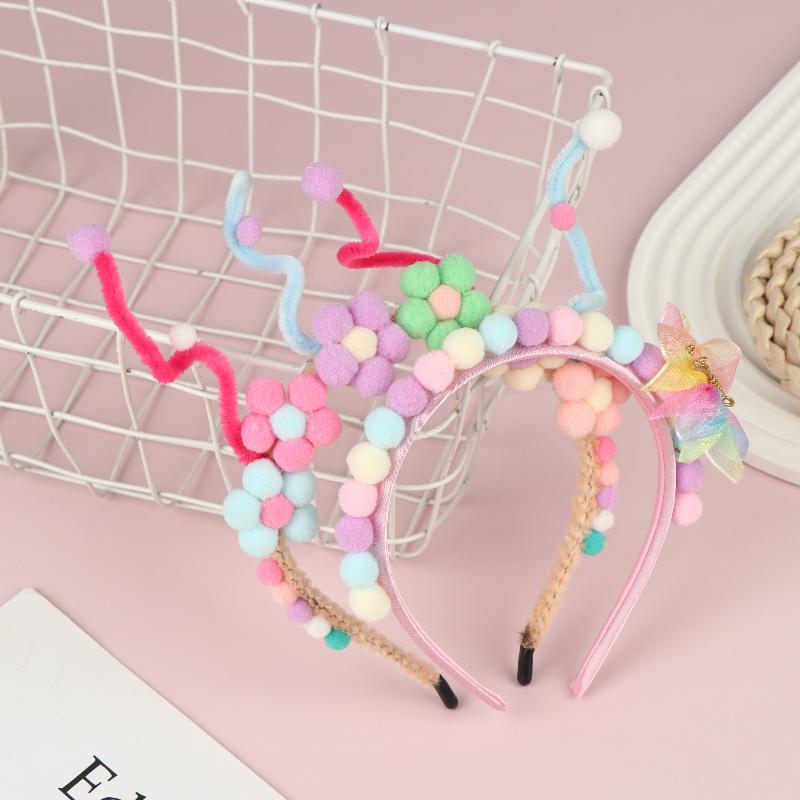 Cute Rainbow Balls Flower Hair Bands Princess Headband Sweet Plush Head Hoop Baby Girls Headwear Accessories