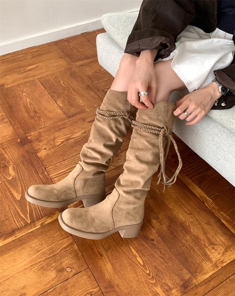 

Tall tube tassel detachable tall boots women s 2025 new Korean version retro versatile casual versatile square head women s boots 39 абрикосовый