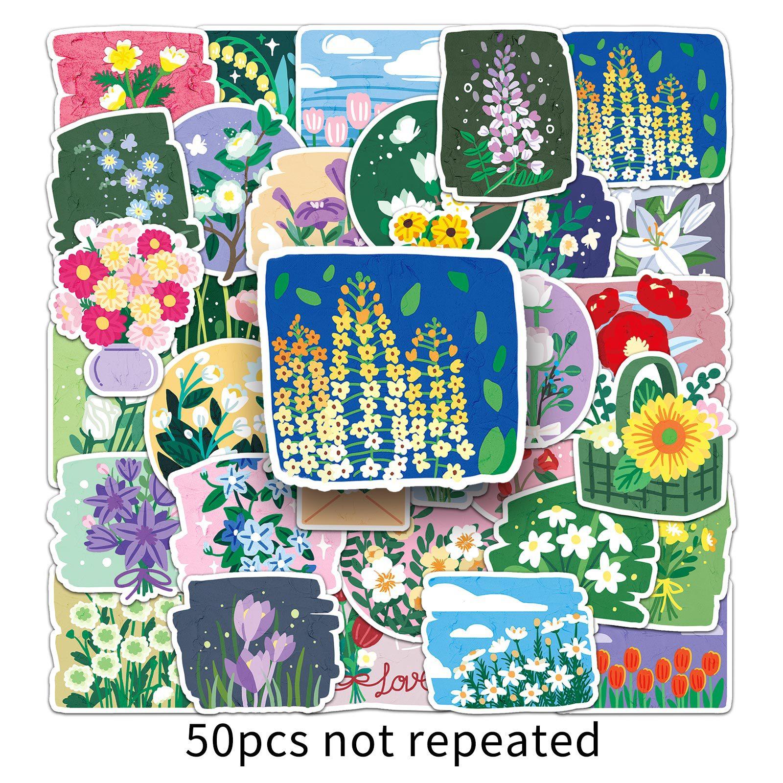 

50 Наклейки в стиле масляной живописи, цветочные дудлы, мультяшные, на стакан с водой, на чемодан, водонепроницаемые