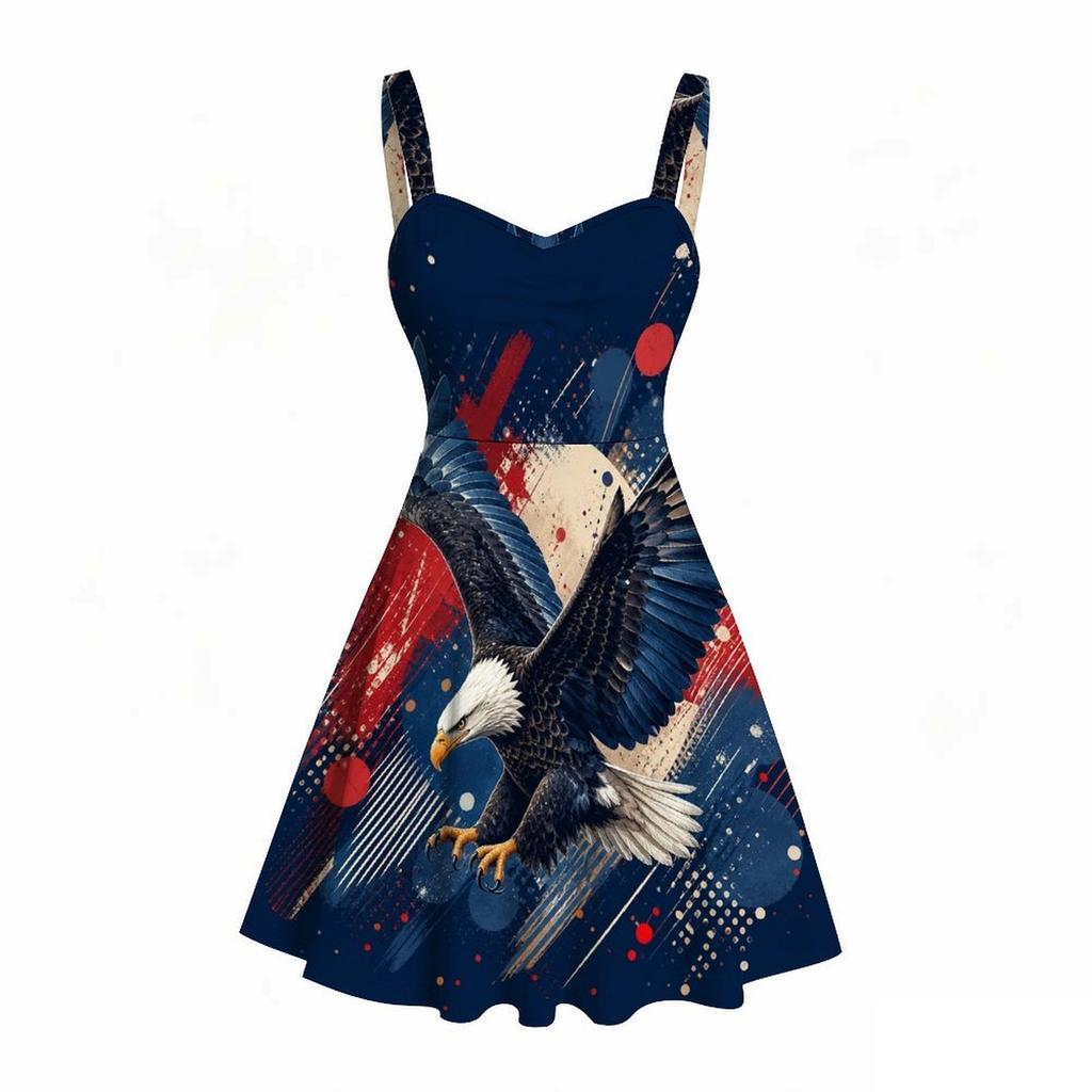 Women Plus Size Square Neck Sleeveless Strappy Dress American Eagle Flag Printed Fitted Waist Flared Hem