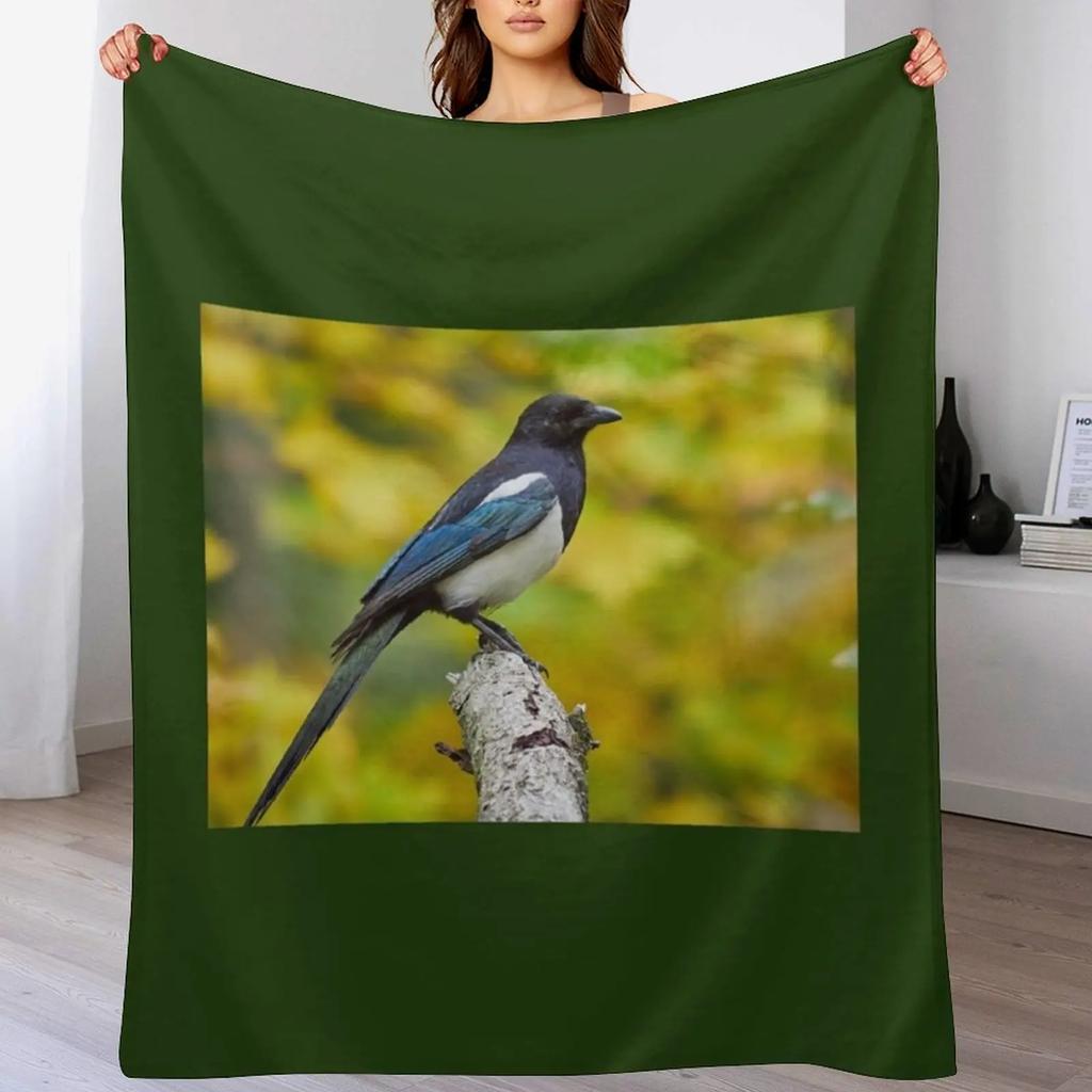 Eurasian magpie pose with colors of Fall Throw Blanket Shaggy Furry Soft Blanket for Bedroom Living Room
