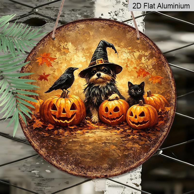 2D Flat 1pc/2pcs, Decorative Plaques and Ornaments Sign, Aluminum Hanging Sign, Black Cat, Crow & Pumpkin Lantern Vintage Print, Autumn Harvest Home