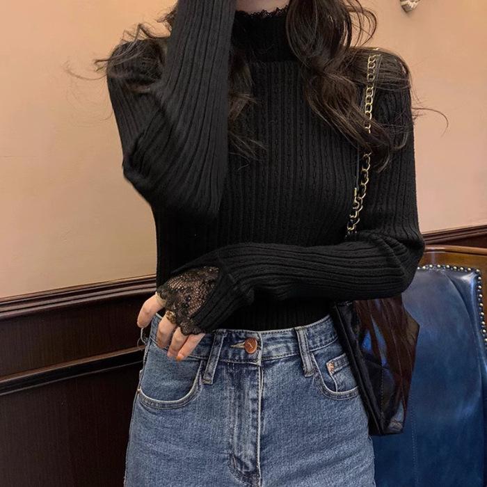 Semi-turtleneck lace bottoming shirt women's autumn and winter new knitted sweater with foreign style design slim top