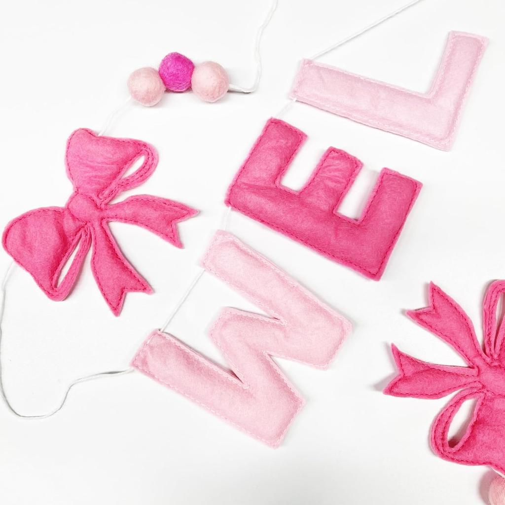 Pink Bow Baby Shower Decorations Pre-Strung Handmade Felt Welcome Baby Sign with Wool Felt Ball Banner for Welcome Home It's a Girl Coquette Baby