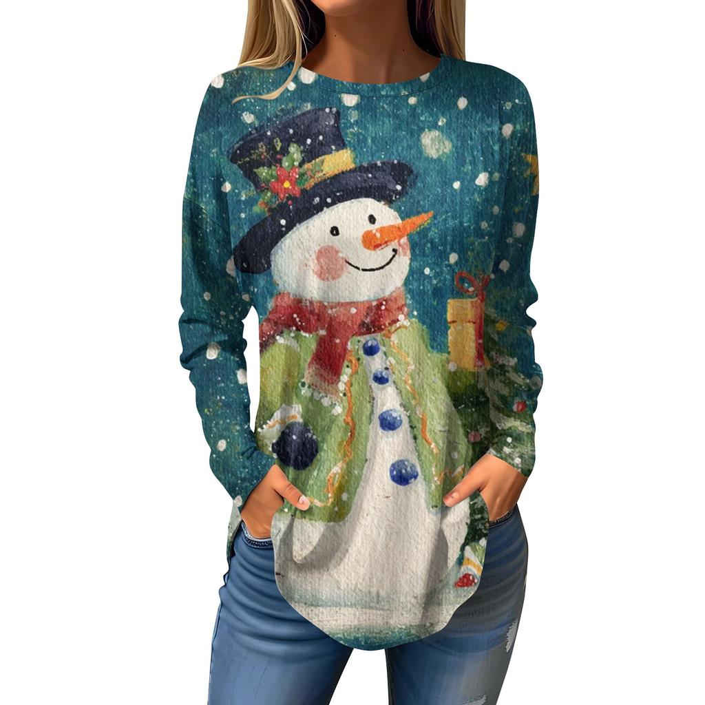 Tee Shirts For Women Casual Round Neck Long Sleeve Shirts Christmas Printing Top Pullover