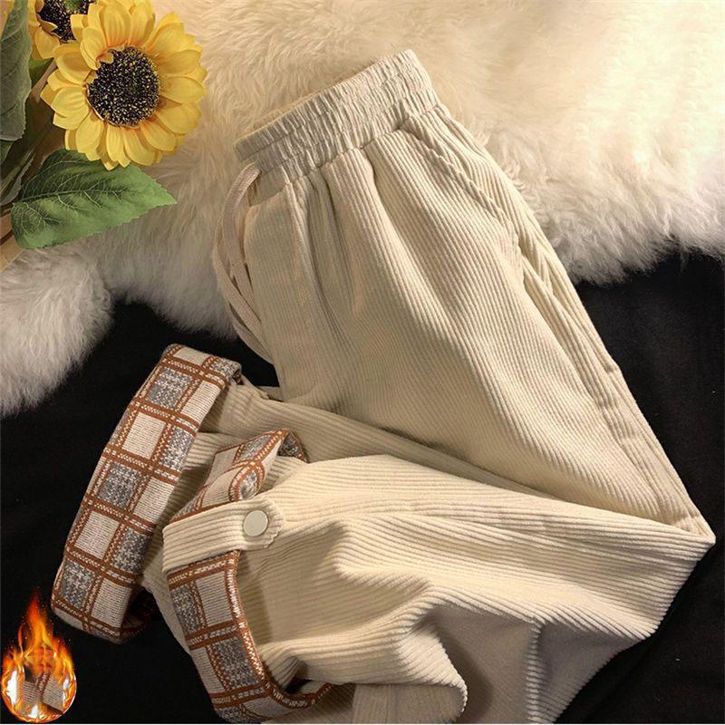 Fashion Plaid Hemming Women Corduroy Pants High Waist Fall Winter Black Korean Loose Straight Trousers Casual Drawstring Plush Pants