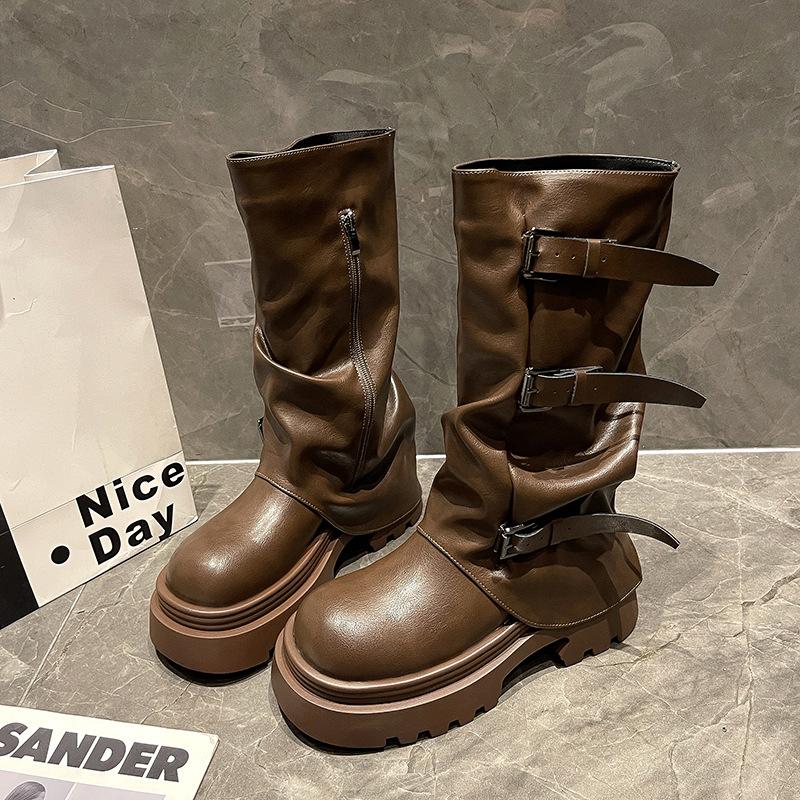 

Thick-soled heightening Martin boots women s 2025 new spring and autumn retro brown Maillard stacking boots medium tube boots 40
