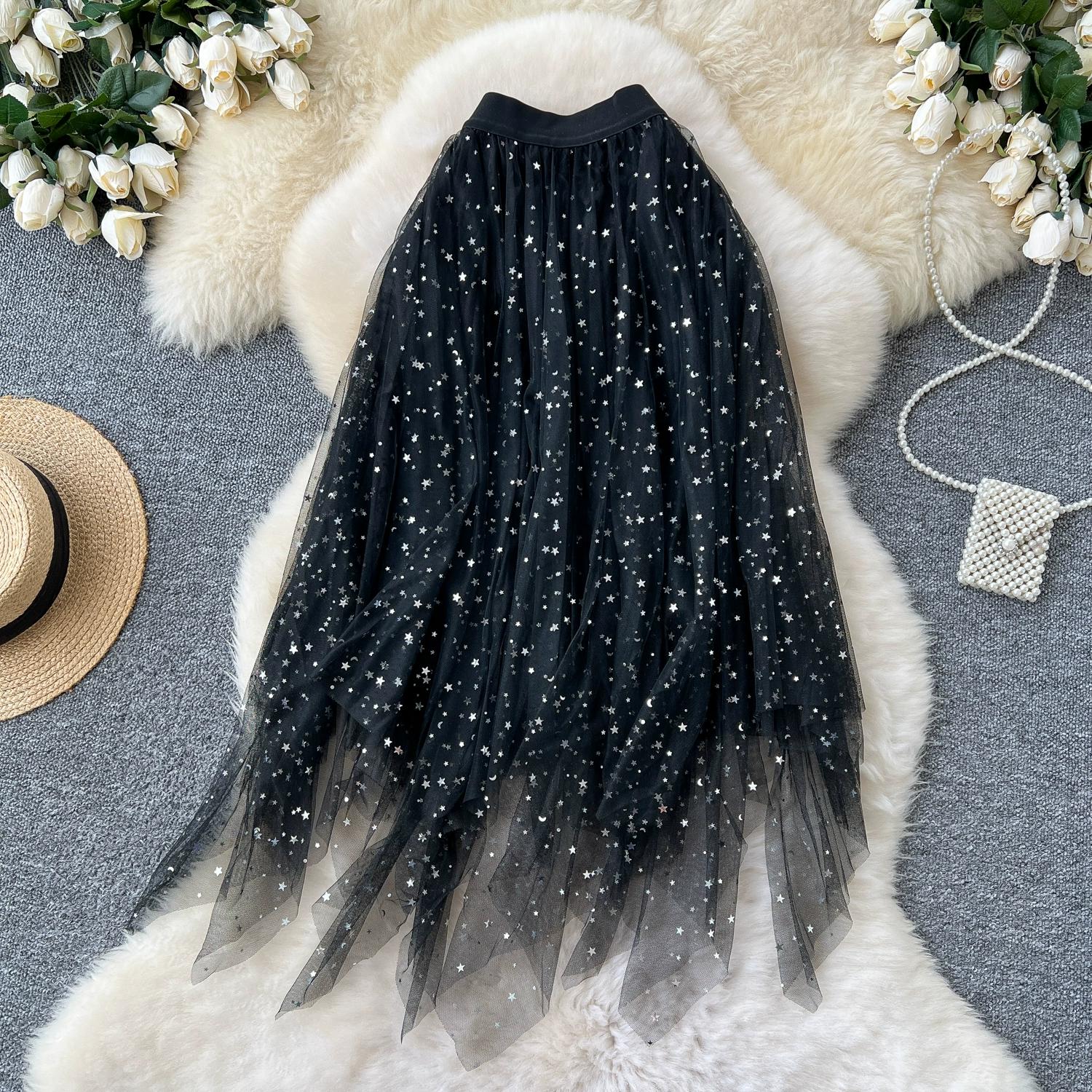 

Летняя женская универсальная юбка с высокой талией и звездами, длинная миди, нестандартная юбка One Size чёрный