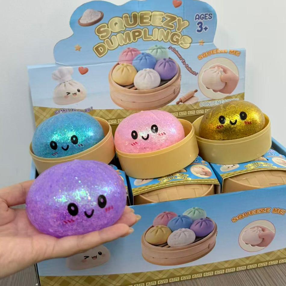 Glitter Dumpling Squishy Toy With Box Sensory Squeeze Stress Relief Fan Gift Soft Doughnut Sensory Soothing Toy For Anxiety Reli