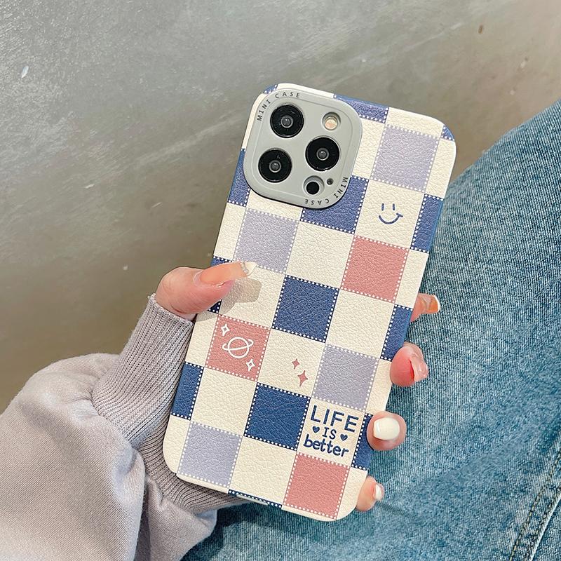Fashion Plaid Cartoon Smiling Face Phone Case For Iphone 13 12 11 Pro Max X Xr 7 8 Plus Xs Max Back Cover Cute Soft Cases