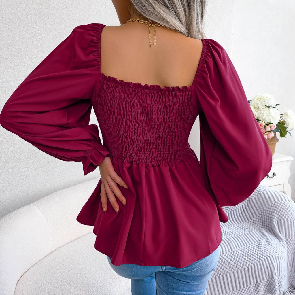 Women's Casual Fashion Solid Color Ruffled Square Collar Long Sleeve Chiffon Shirt