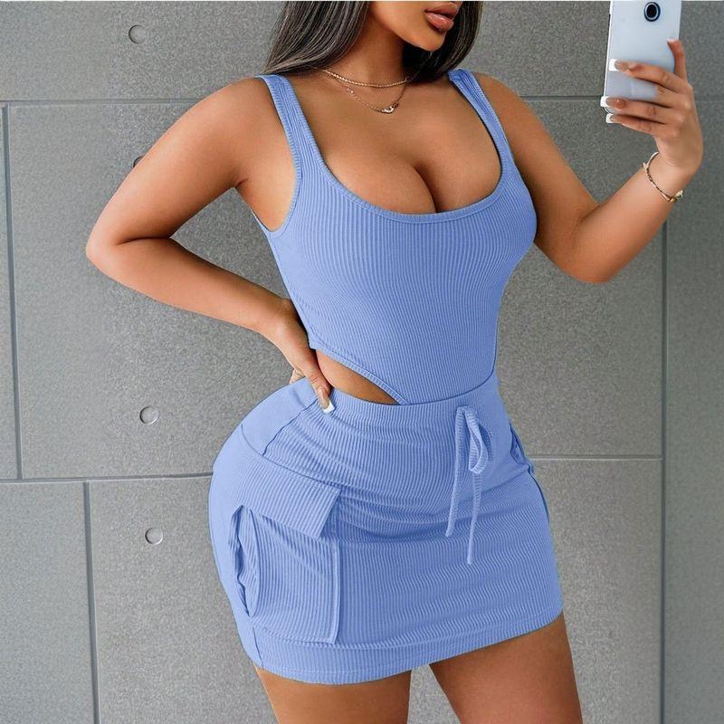 

European and American Women clothes Spring Jumpsuit Cargo Bags Short dress Set Fashion Casual Two-piece Set Blue L