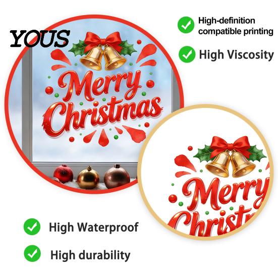 Christmas Party Decorations Merry Static Glass Sticker, Window Decals with Bell PVC Clings Elements, Removable for Home Store Holiday Festive Mirror