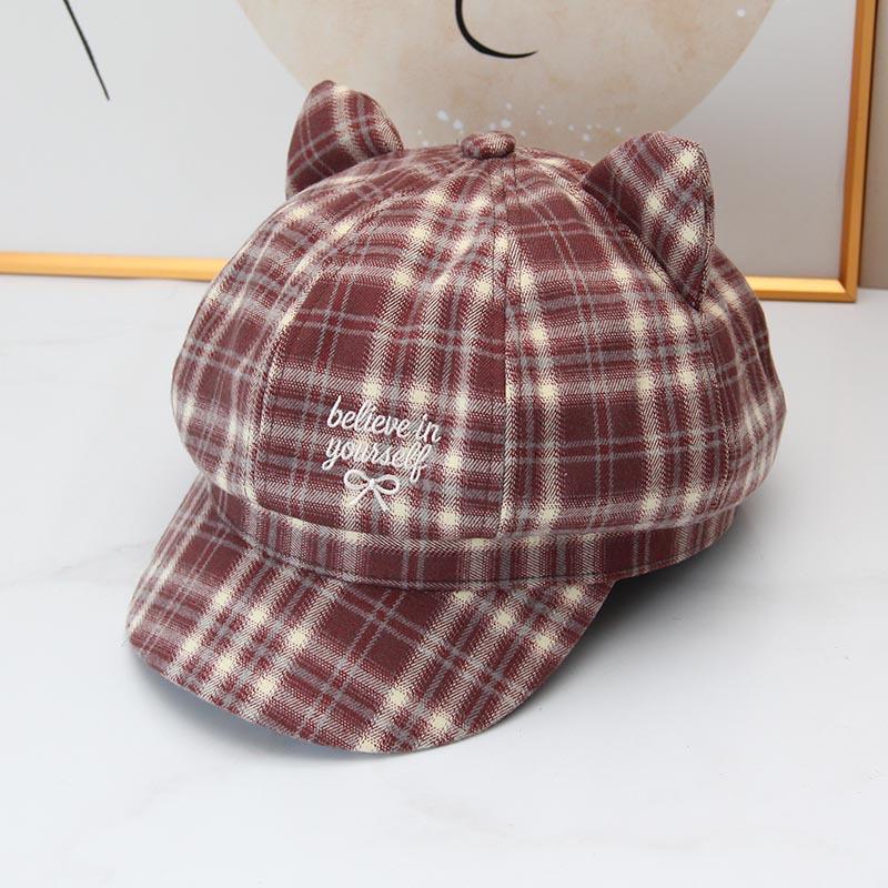 Cute cat ear plaid octagonal hat female autumn and winter retro embroidered beret showing face little girl versatile newsboy hat