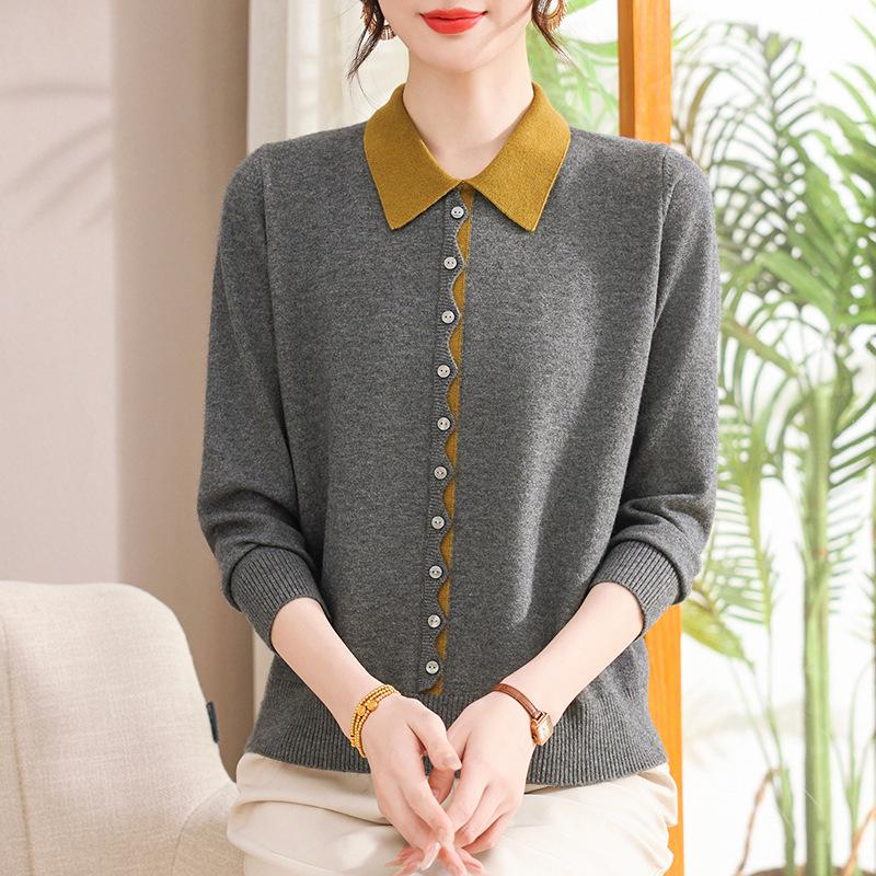 Women's Autumn/Winter Wool Knit Turn-Down Collar Long Sleeve Top