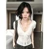 Summer lace splicing straps V-neck front shoulder short-sleeved T-shirt fashionable foreign style slim fit pure desire style versatile top ins