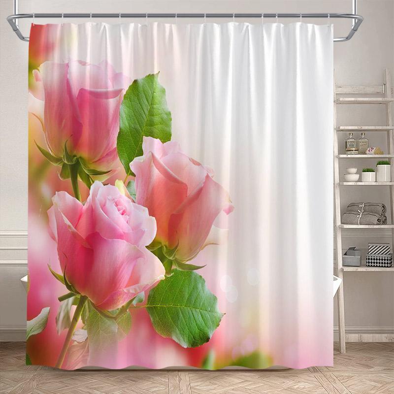 Rosa Ros Blommiga Duschdraperier Naturlig Grön Växt Blommor Alla Hjärtans Dag Badrumsdraperi Modernt Tyg Badrumsinredning med Krokar
