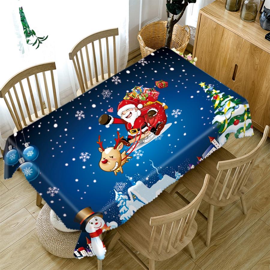 Thicken Cotton Tablecloth Blue Background Santa Claus Snow Pattern Rectangular Round Table Cloth For Wedding Picnic Party