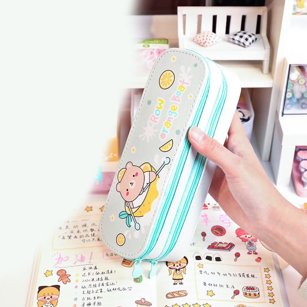 Double Layer Pencil Pouch Large Capacity Simple Style Waterproof Dustproof Canvas Pen Holder Bag for Girl Students