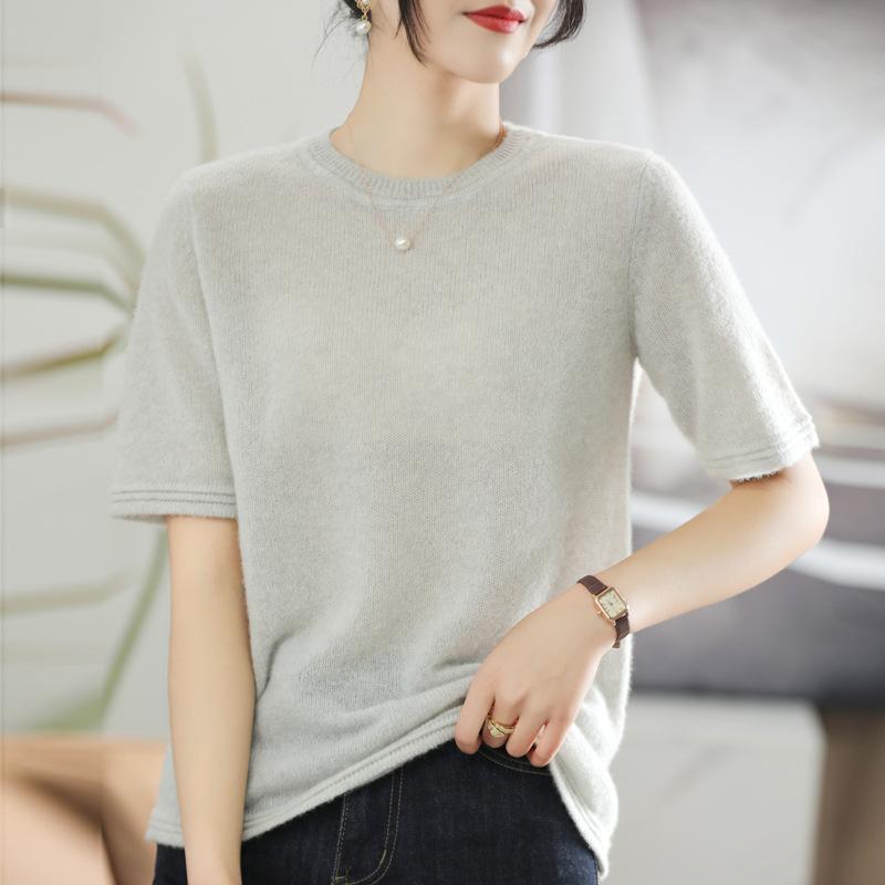 Silk Cashmere Multi-color First-line Ready-to-wear Exquisite Short-sleeved Sweater Spring and Autumn Latest Light Cloud Velvet Short T-shirt