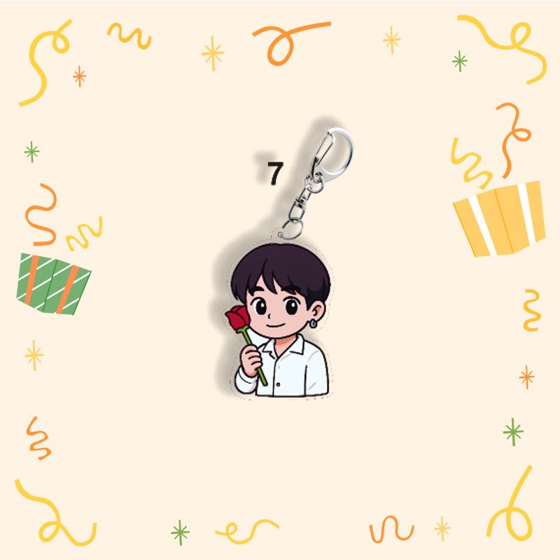BTS Cute Keychain, Cartoon Figure Keyring with Rose Design, Kpop Idol Cartoon Bag Pendant for ARMY Fans(Jin RM Suga Jimin V J-Hope Jungkook)