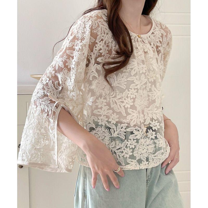 

Japanese and Korean Summer New Sweet Fashion round Neck Loose Floral Pattern Sleeve Split Lace Shirt Sunscreen Cover up Women Beige Free size