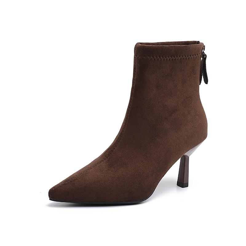 

French Suede Pointed Toe Skinny Heel Stretch Booties Women Autumn and Winter Outside All match High top Heels 37