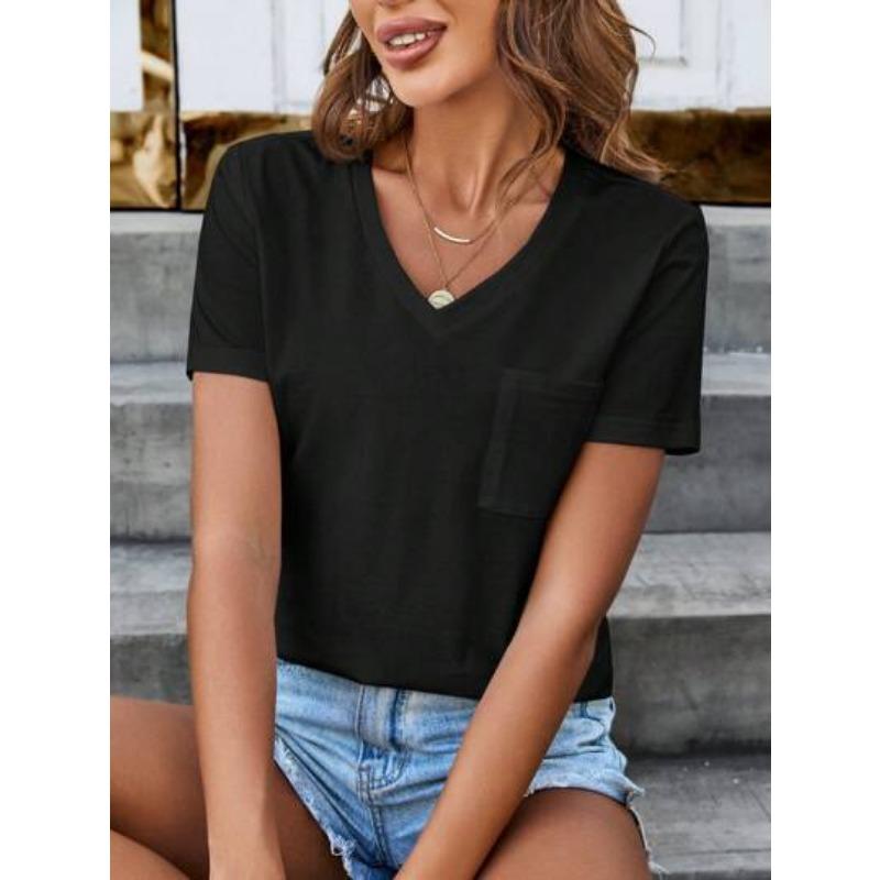 Women's Spring&Summer V-Neck Short Sleeve Pocket Solid Colour Casual T-Shirt