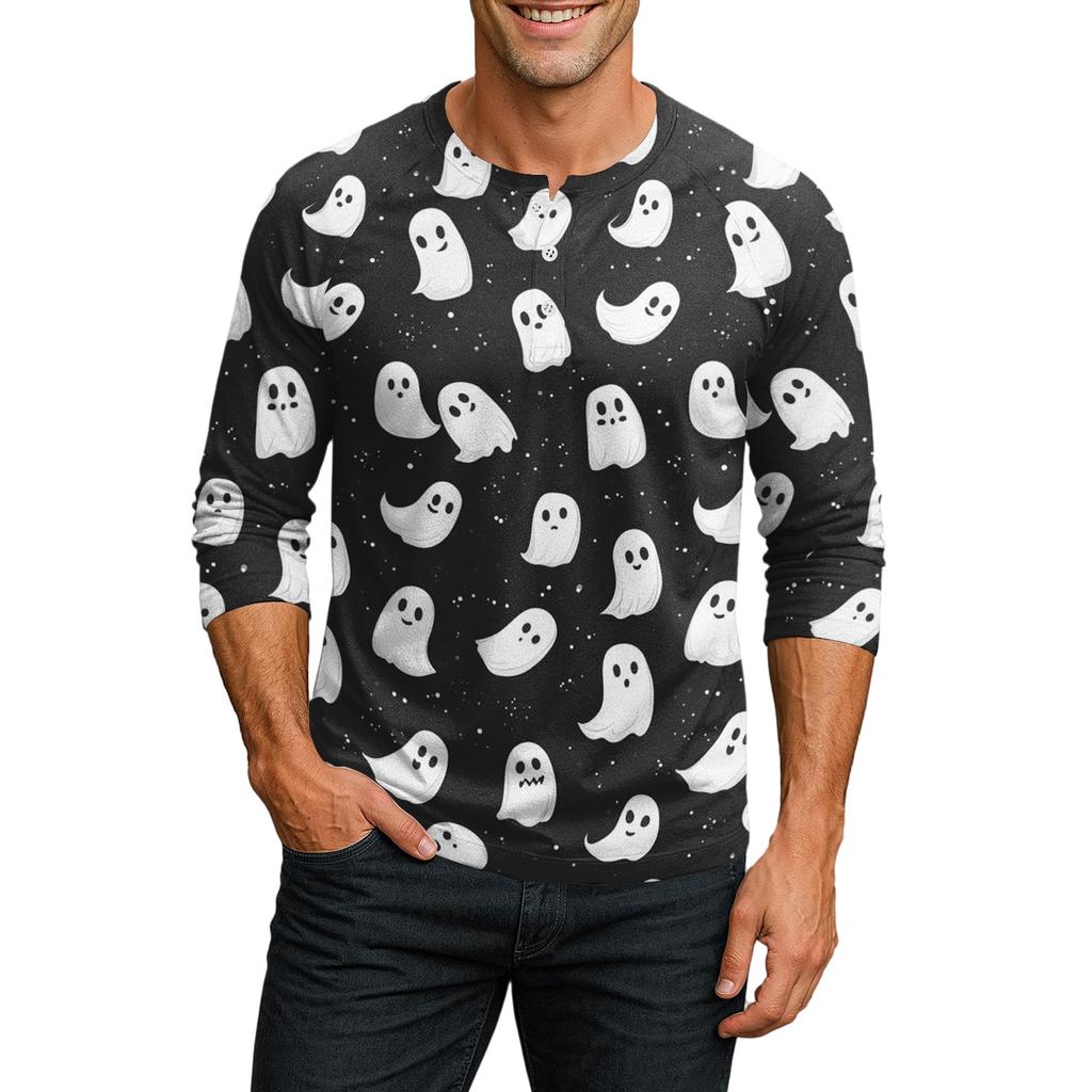 Men's Casual Halloween Print Henley Shirt Three Quarter Sleeve Raglan Top Lightweight Breathable Fabric Comfortable Fit