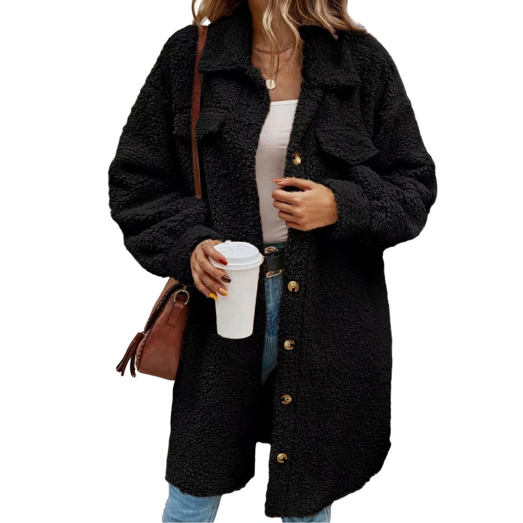 Women's Lapel Plush Jacket Elegant Long Overcoat Loose-Fit Winter Warm Cross-Border Amazon