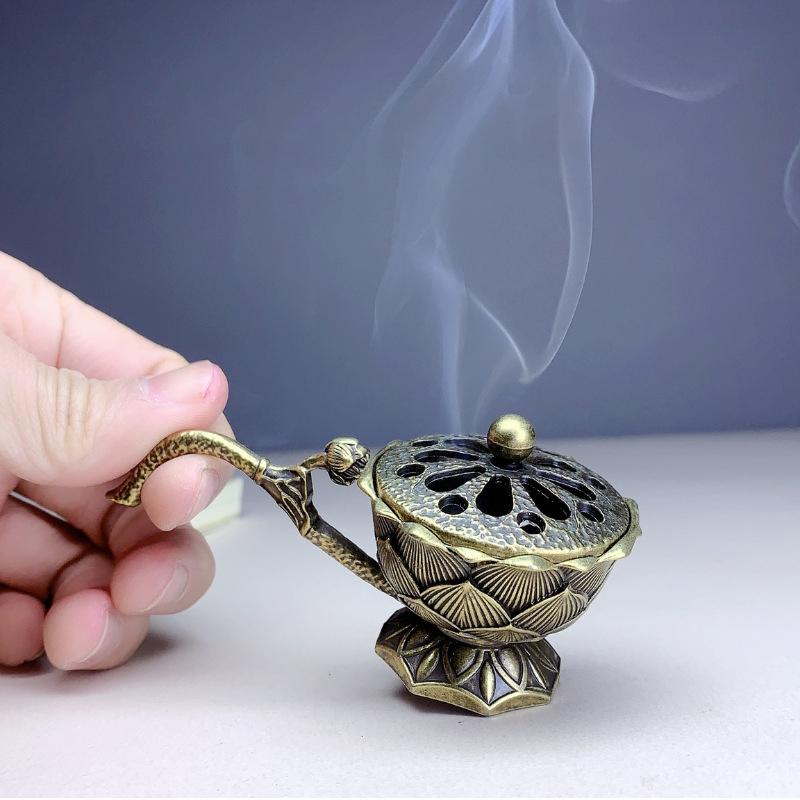 Lotus Flower Incense Burner With Handle Retro Lotus Hollow Out Incense Stick Burner Small Metal Craft Home Decor