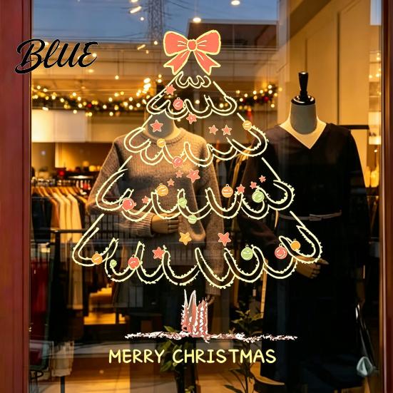 Festival Atmosphere Decors Christmas Tree Window Sticker, Simple Line Static Cling Decal, Waterproof Festive Stickers Removable PVC Decal for Holiday