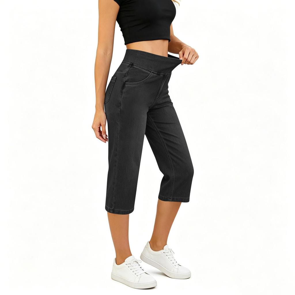 High Waist Denim Capri-Hosen für Damen Gerades Bein Lässig Taschen-Design Dehnbarer Bund Bequeme Passform