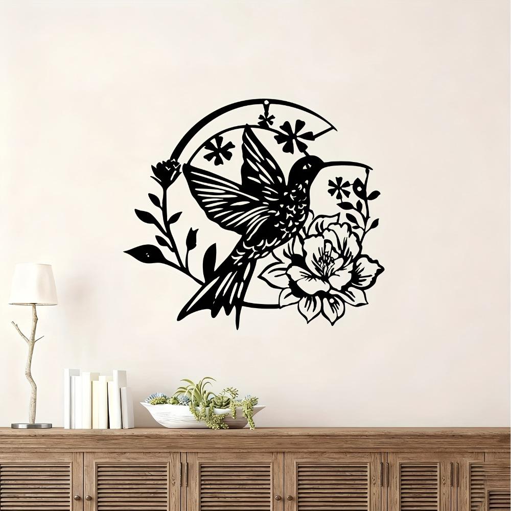 Hummingbird Flowers Metal Wall Art Powder Coated Iron Flying Bird Bloom Sculpture for Nature Lovers Living Room Decor Year Round Holiday Gift Wedding