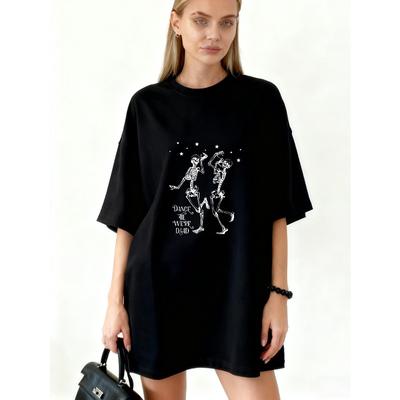 Abito Maglietta Oversize Nero Danza Scheletrica Grafica e Testo Dance Til Were Dead Streetwear Casual Moda Per Donna