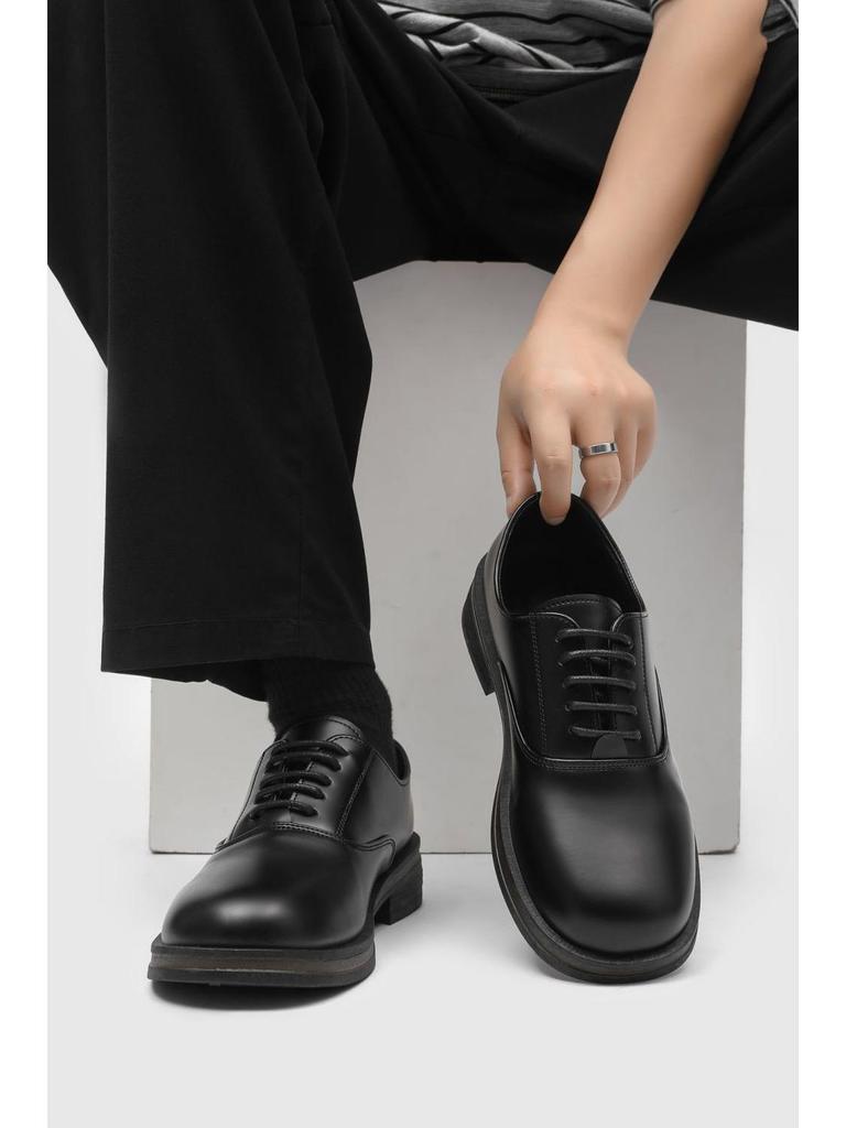 Men's Black Genuine Leather Derby Shoes - High-End, Round Toe, Formal/Casual, French/Japanese-Inspired.