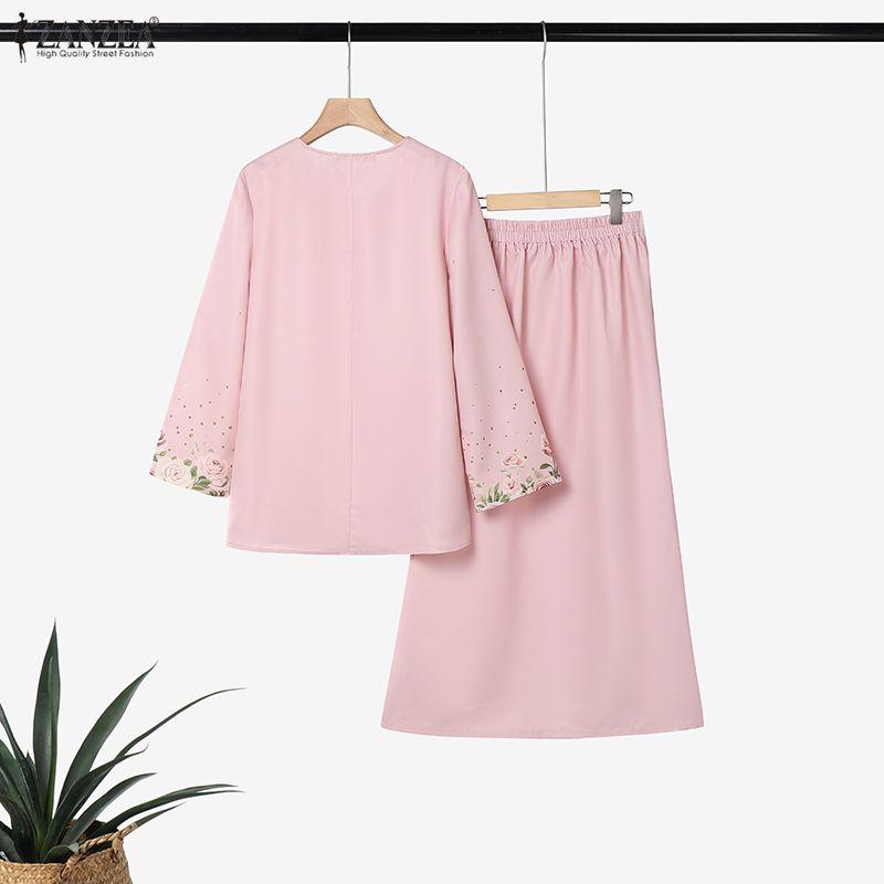 ZANZEA Women 3/4 Sleeve Blouse and Midi Skirts Floral Print Two Piece Suit Sets