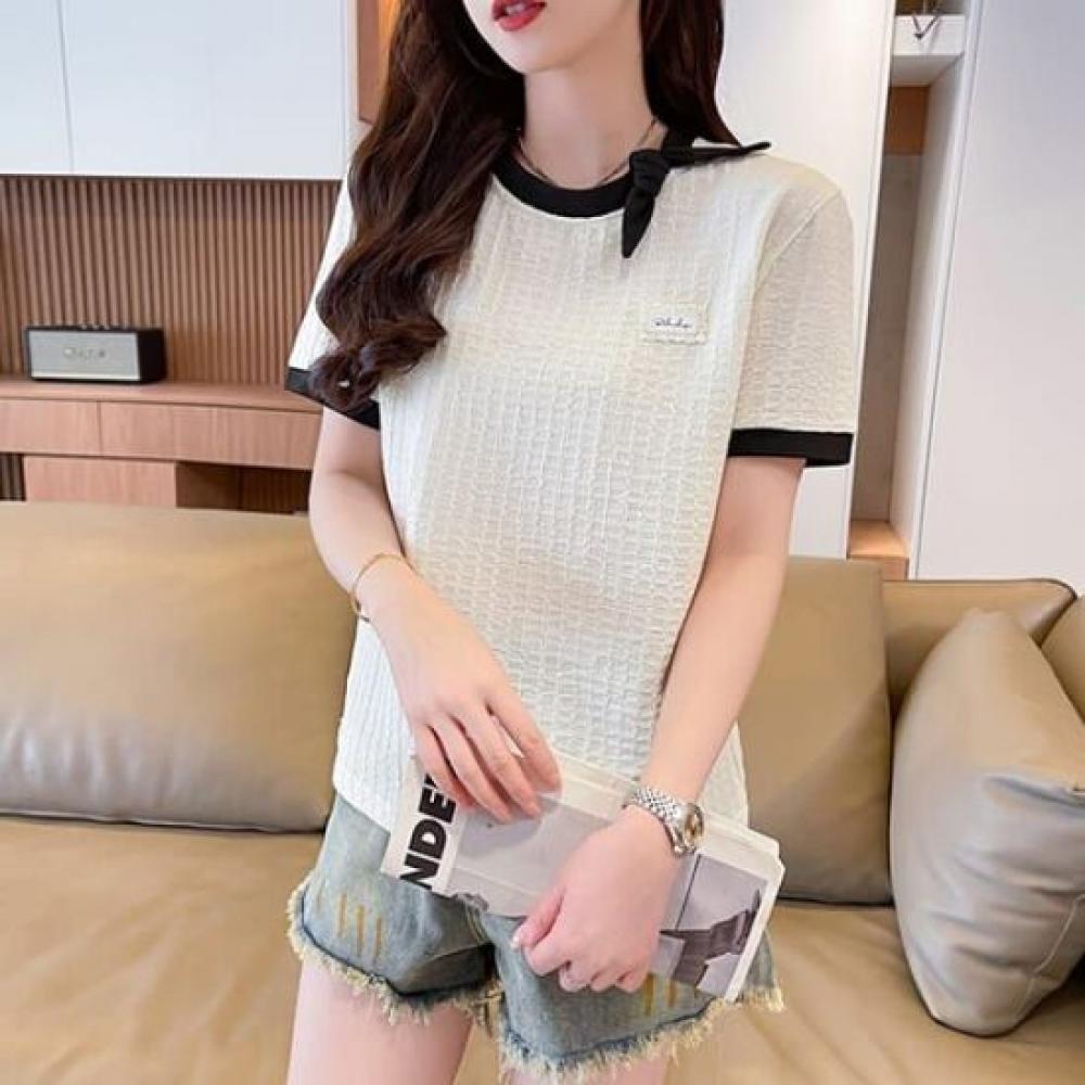 Navava Women S Color Blocked Ribbon Round Neck ShorT Sleeve T ShirT nT2800