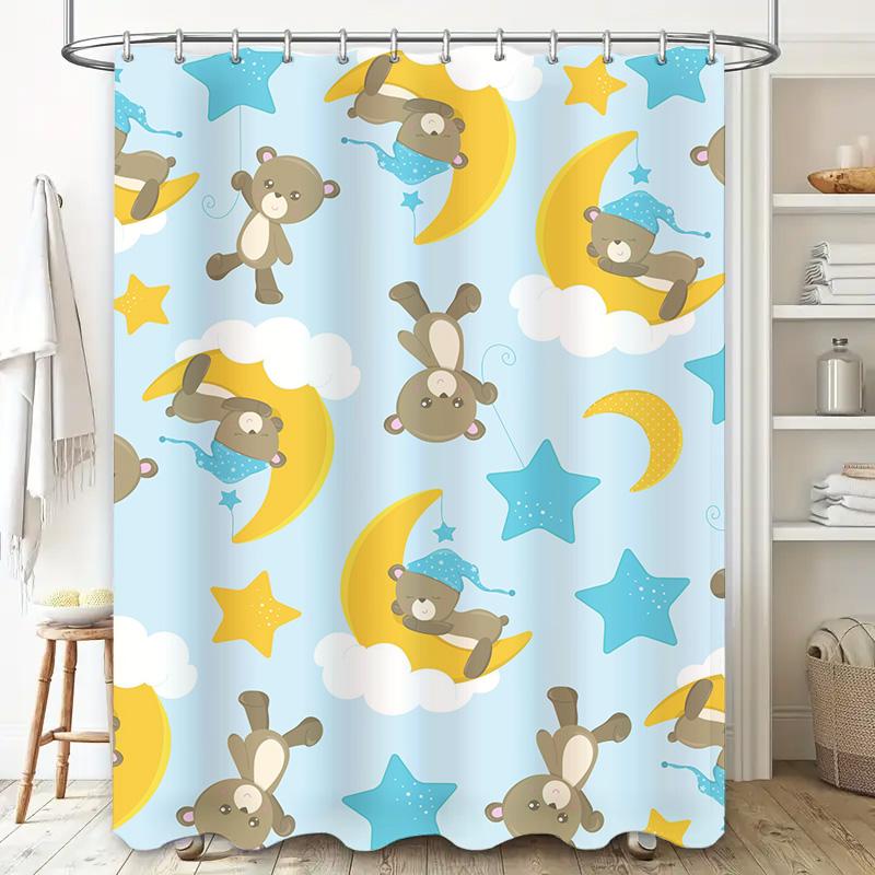 Blue Dream Kids Shower Curtain Set Teddy Bears Sleep On Clouds Stars with Moon Design for Bathroom Decor In Pastel Colors