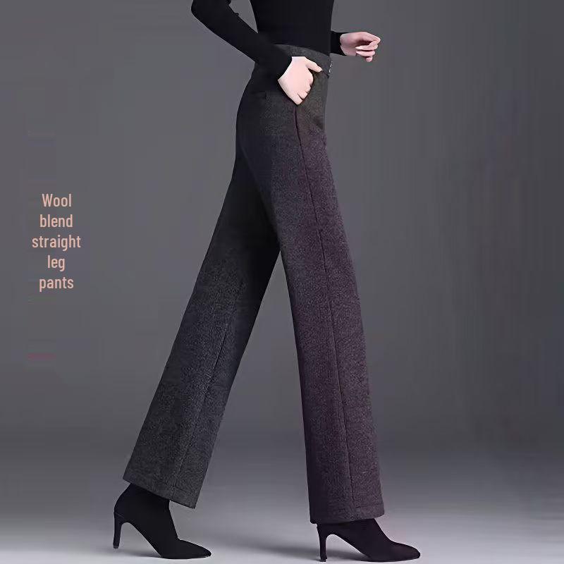 Pantalones de Lana de Cintura Alta con Terciopelo para Mujer Talla Grande - Gruesos, Adelgazantes, Corte Holgado para Otoño e Invierno