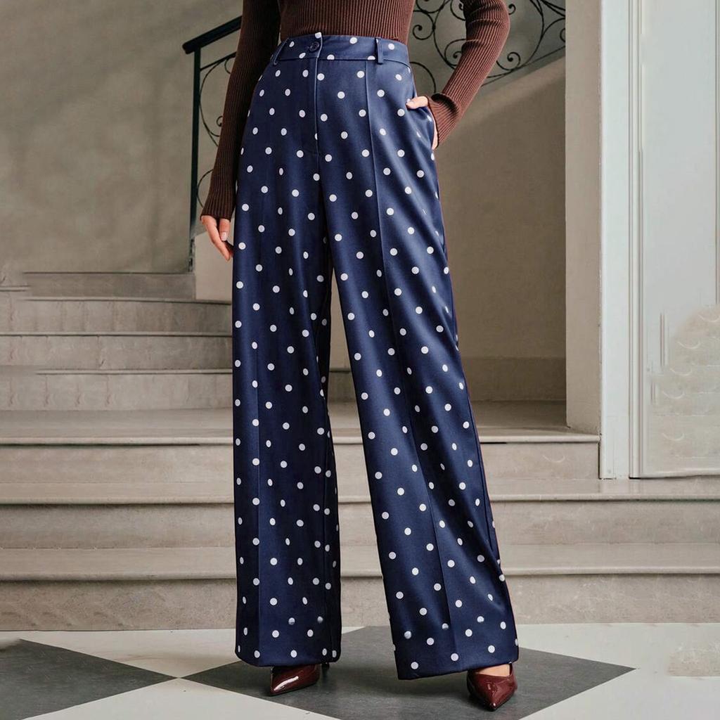 Women's Vintage Polka Dot Wide Leg Pants High Waist Loose Fit Casual Trousers with Pockets Suitable for Daily Wear and Office