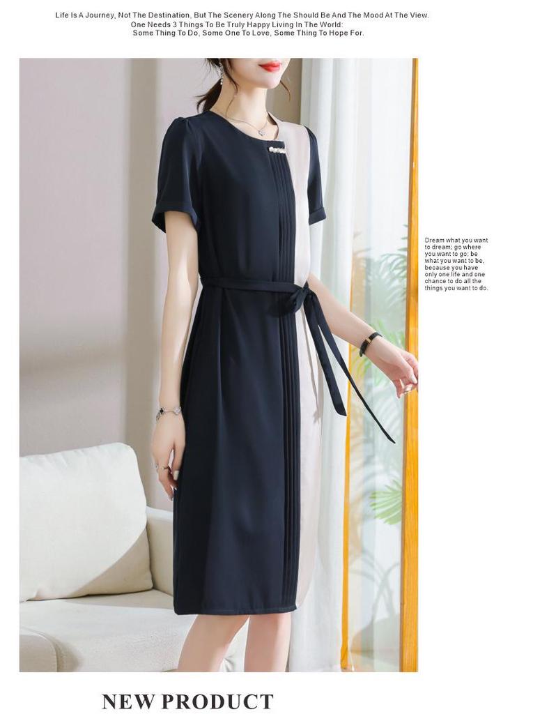 Chic Color-Block High-End Chiffon Midi Dress with Round Neck and Waist-Cinching Design for Women