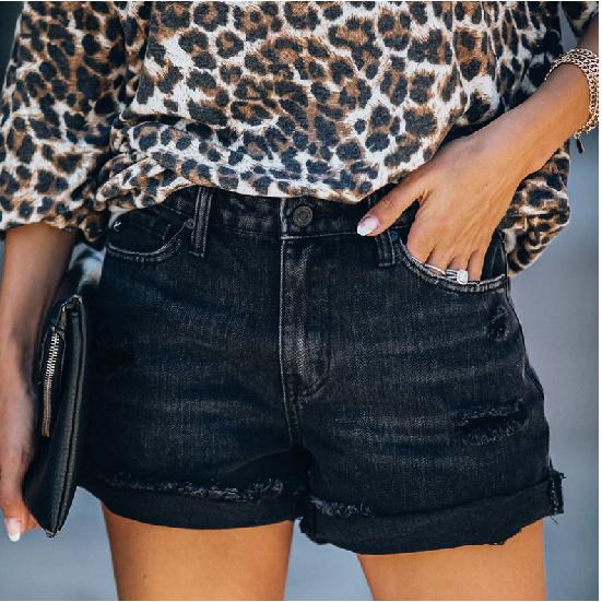 Women s Clothing 2026 Summer Street Style Trendy Ripped Pocket Shorts Tri-Color Denim Shorts for Women S чёрный