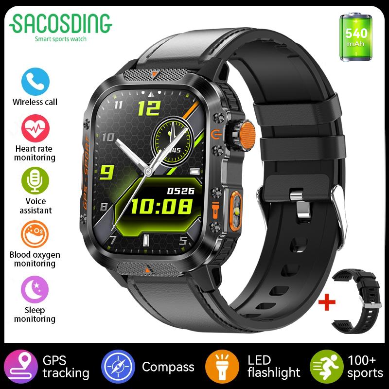 SACOSDING GPS Outdoor Sports Compass BlueTooth Call Smart Watch Waterproof Flashlight Heart Rate Health Smartwatch Information Reminder
