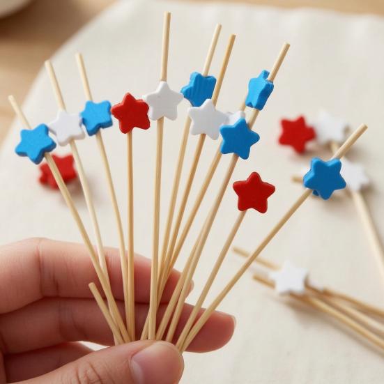 100 PIEZAS Palillos Desechables para Cócteles, Decoración de Estrella del Día de la Independencia, Brochetas de Bambú para Aperitivos Frutas Hamburguesas Pasteles
