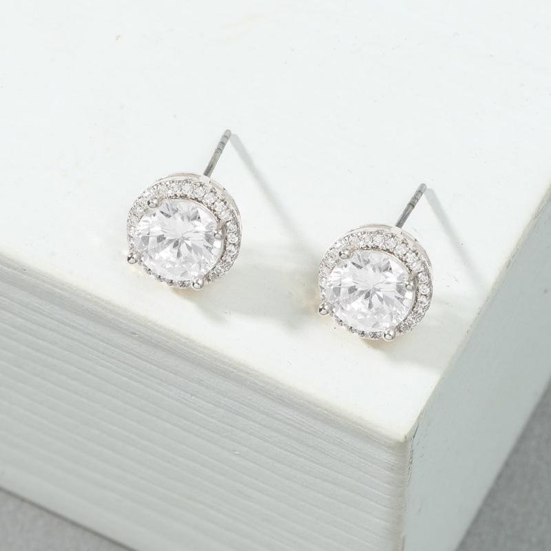 ebay round white zircon stud earrings shine women's trinkets European and American fashion electroplated men's earrings ears