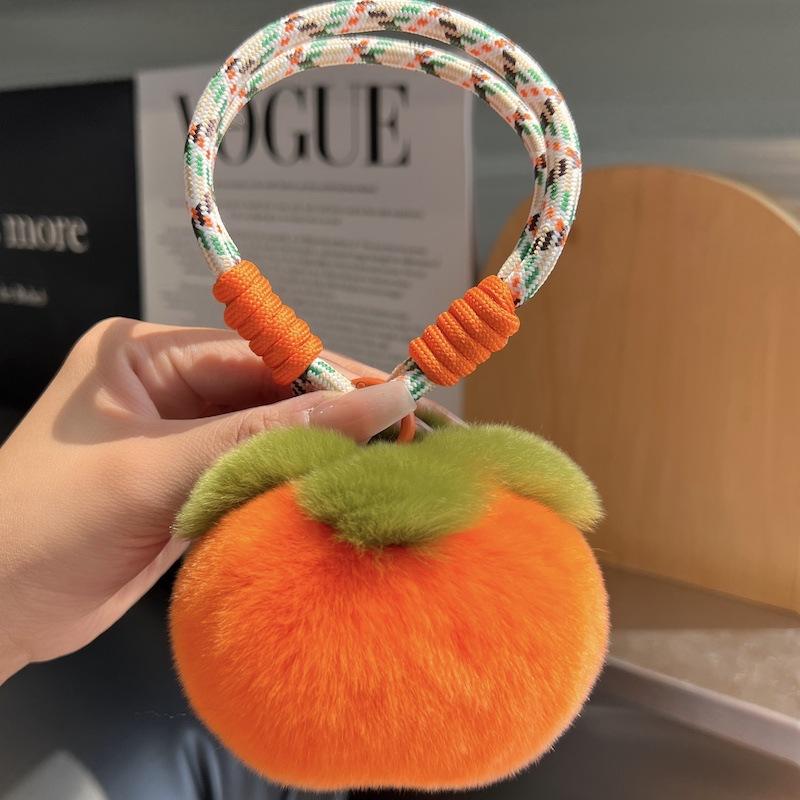 Fluffy Persimmon Keychain - Cute Plush Hangings On Bag Car Trinket For Women, Pompom Keyring Decorative Accessories Gift