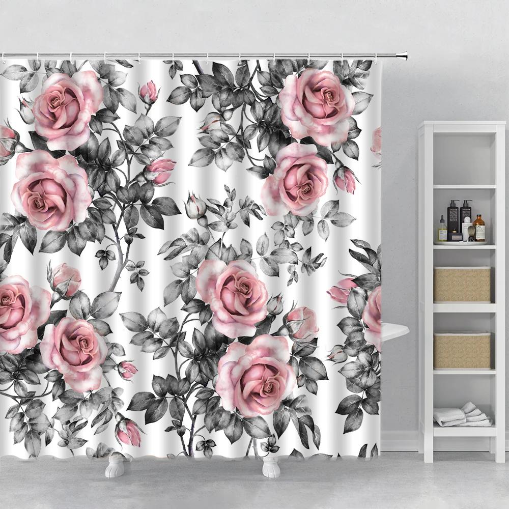 Plant Leaves Flower Shower Curtains Set Garden Floral Drum Tower Fabric Bathroom Decor Splash Resistant Partition Bath Curtains