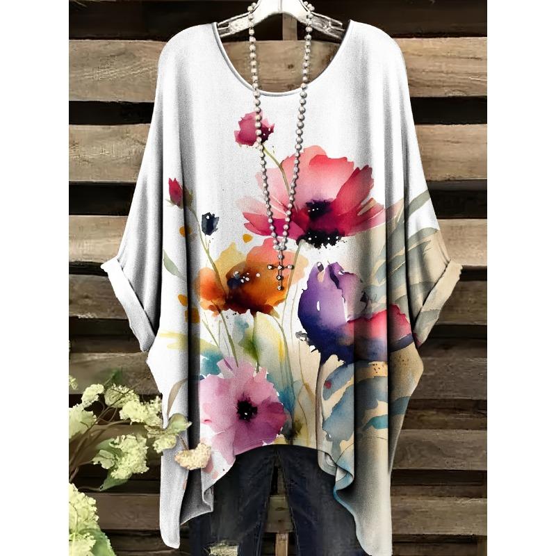 Women's T-Shirt Vintage Floral Pattern Printed Asymmetrical Hem O-Neck Short Sleeve Top Casual Fashion Street Outdoor Tops