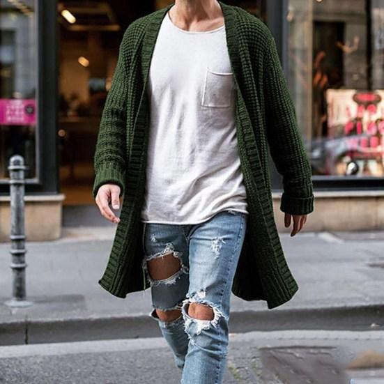Men Sweater Cardigan Solid Color Long Sleeve Cold Proof Knitwear Autumn Winter Loose Mid Length Sweater Coat Streetwear